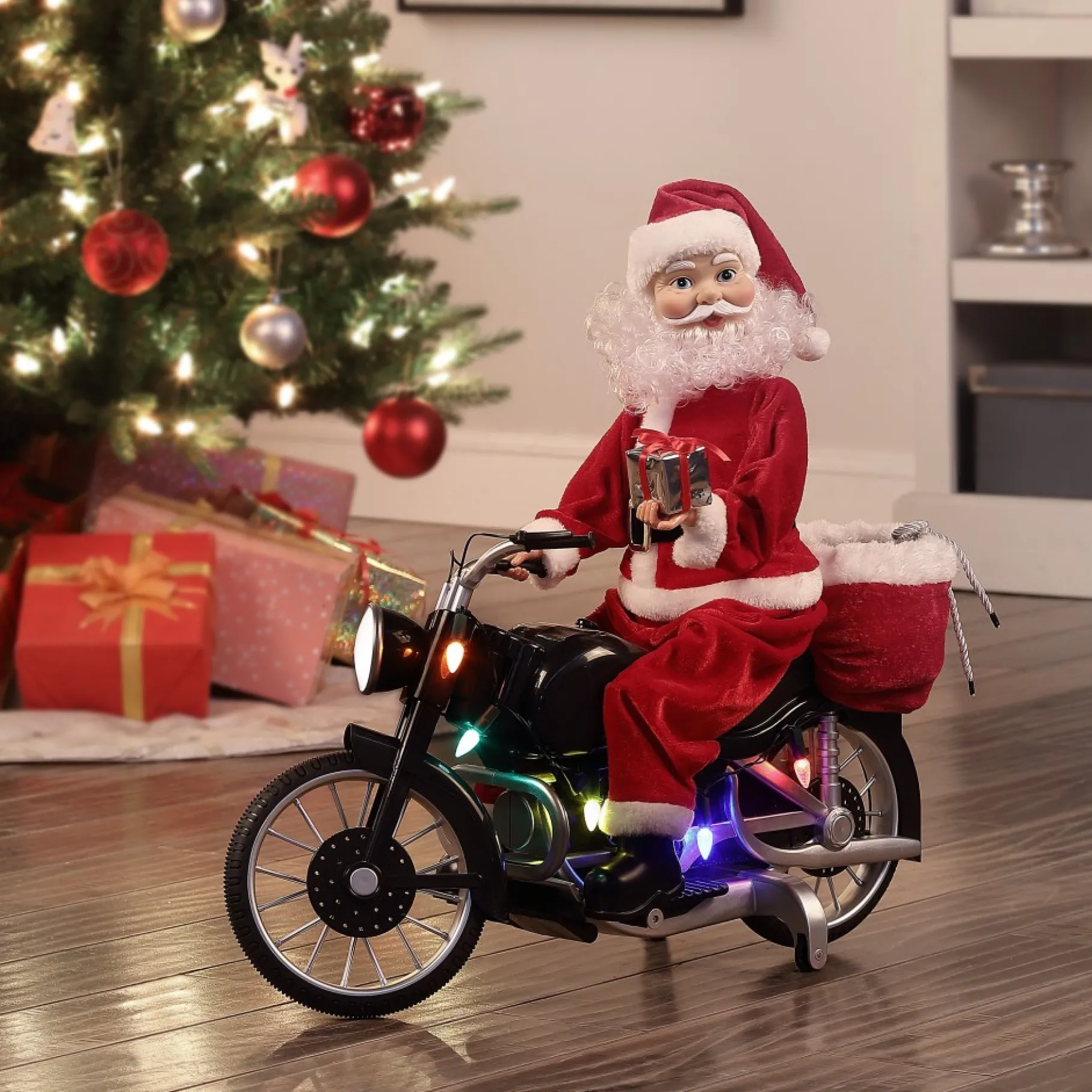 Flash Sale 20" Animated Motorcycling Santa - White Musical Decor