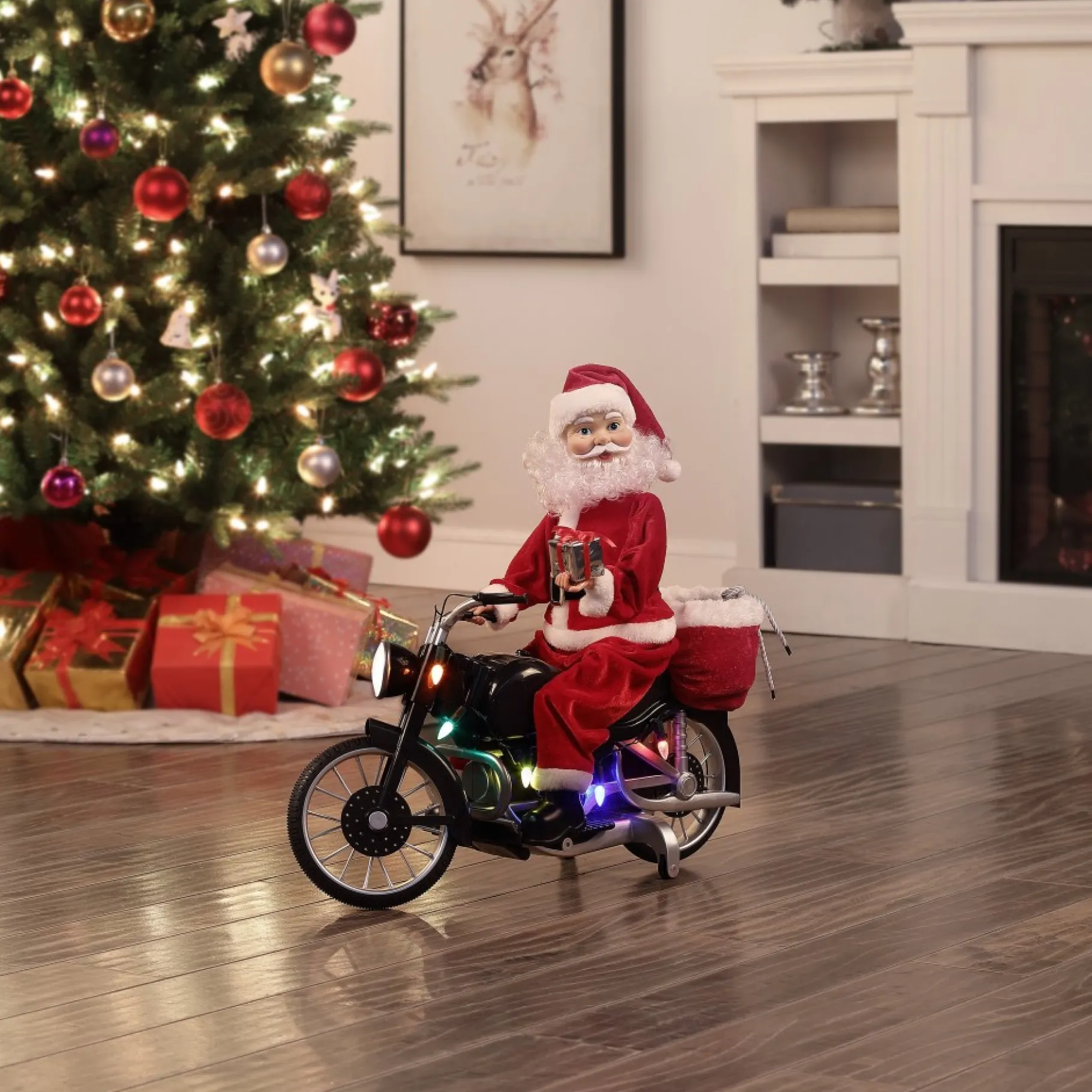 Flash Sale 20" Animated Motorcycling Santa - White Musical Decor