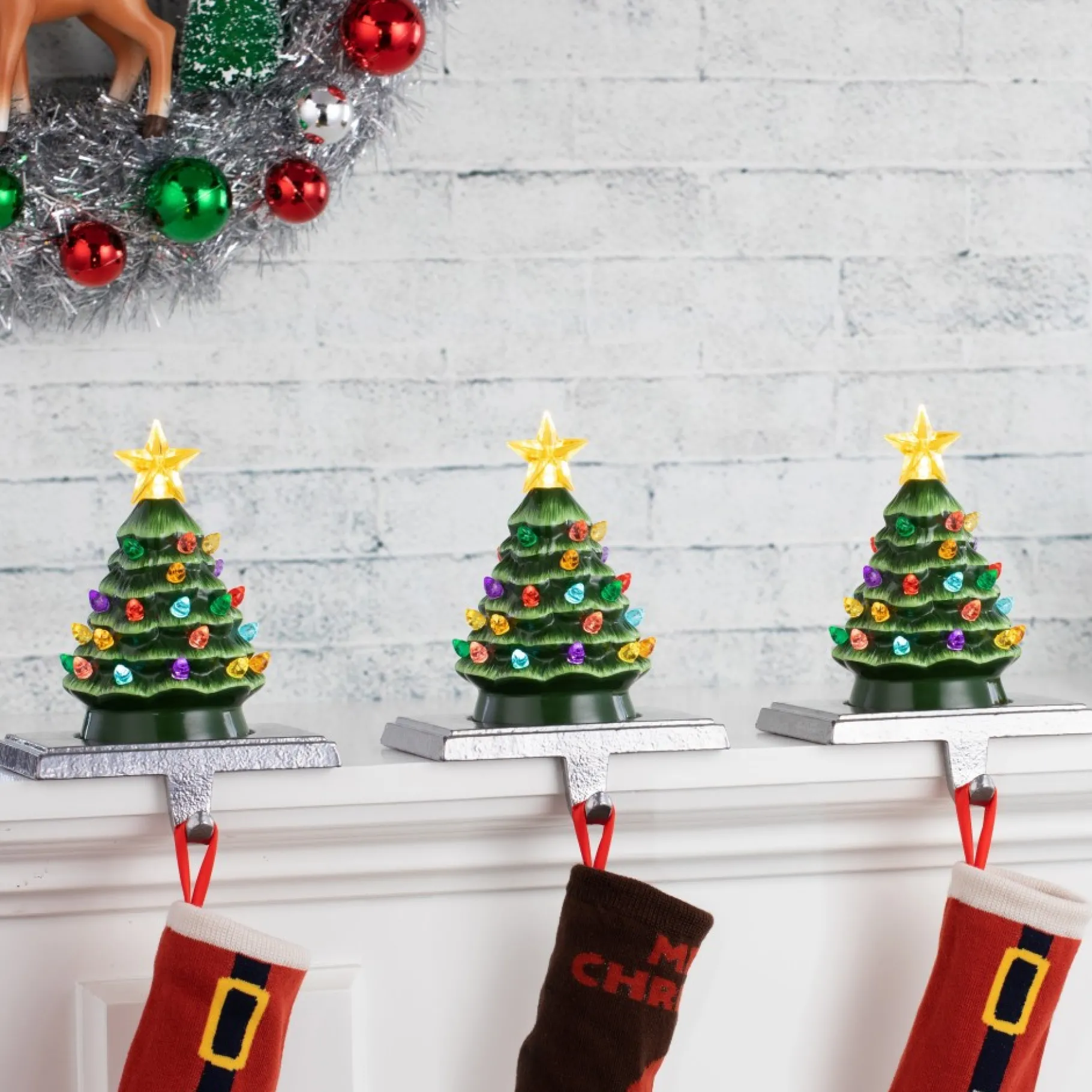 Best 5" Illuminated Ceramic Stocking Hanger - Green Tree Green Ceramic Trees