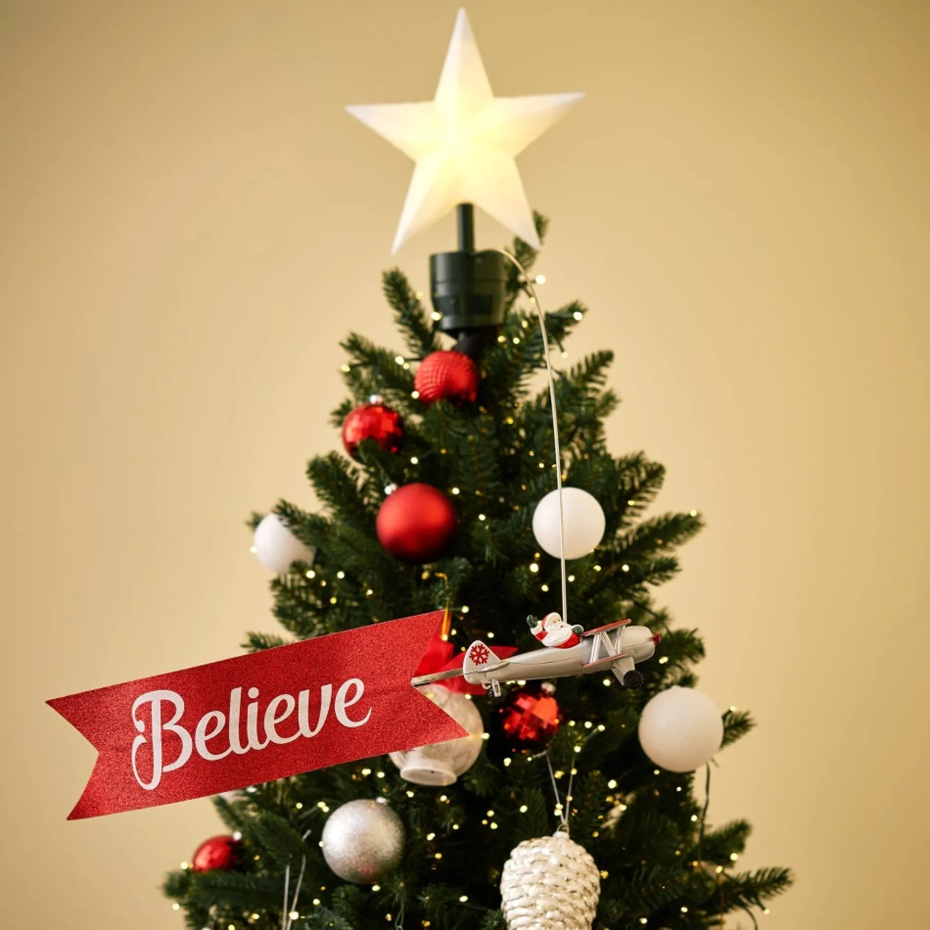 Discount Animated Biplane Tree Topper With Banner - White Santa Tree Toppers