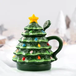 Hot Nostalgic Ceramic Tree Lidded Mug With Spoon - Green Mugs