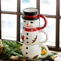Clearance 12Oz Set Of 3 Ceramic Stacking Mugs - Snowman Mugs